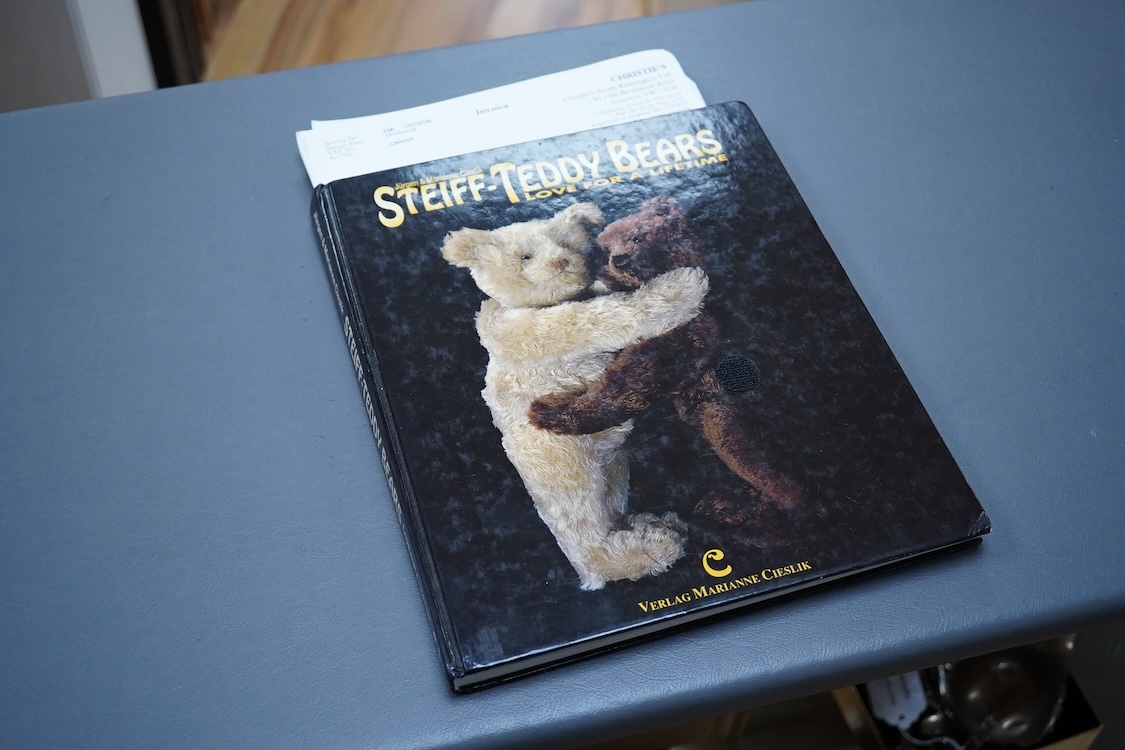 A Steiff artificial silk Teddy bear, (5650.2), jointed blonde body, stitched snout and glass eyes, button in ear, with related book and papers, bear 50cm